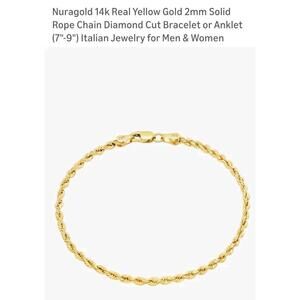 14K Yellow Gold 2mm Rope Chain Bracelet Mens Women  7.5" Nuragold Lobster Clasp